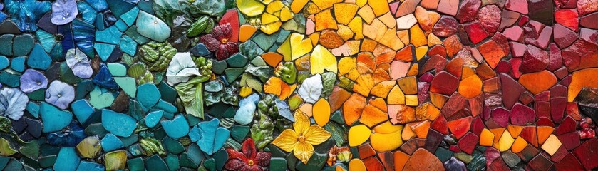 A vibrant close-up of a stunning mosaic wall, showcasing an array of intricate patterns and vivid colors, including reds, blues, yellows, and greens, creating a lively artistic display.