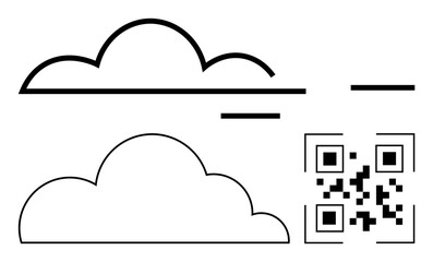 Simplistic cloud outlines with minimal lines and QR code suggesting technology, data, and communication. Ideal for cloud computing, technology, data transfer, connectivity, innovation, modern tools