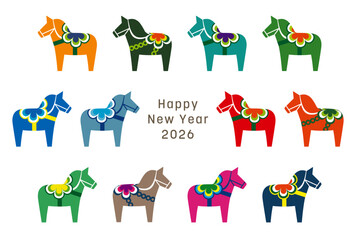 カラフルで可愛い北欧風の馬のアイコンを並べた、2026年午年の年賀状