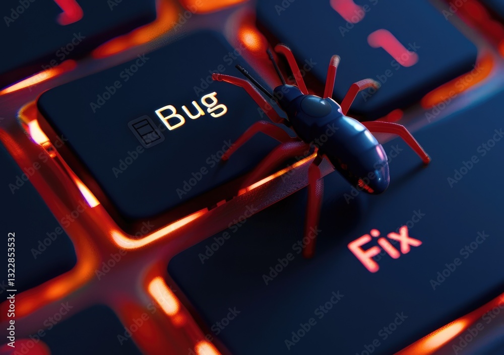Poster close-up of black insect on keyboard key representing software bug and fix process