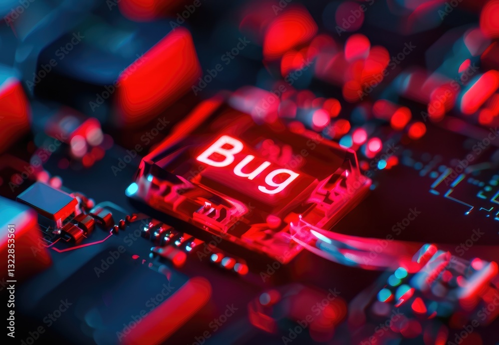 Poster close-up of glowing red bug button on circuit board with futuristic background