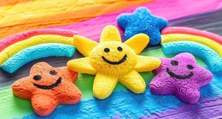 Colorful Smile Face Decorations with Stars, Rainbows and Vibrant Background