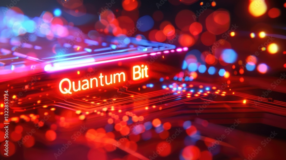 Poster futuristic quantum bit representation with colorful lights and circuit patterns