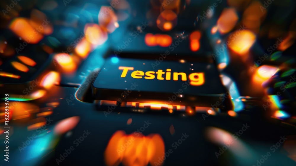 Poster abstract image of a keyboard key highlighting the word testing with colorful lights