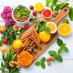 Vibrant Fresh Fruits and Herbs with Spices on Wooden Cutting Board
