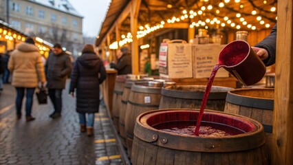 Vendor Pouring Mulled Wine at Winter Market