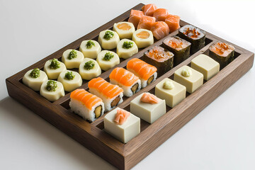 Exquisite halal sushi set arranged with vibrant ingredients, showcasing culinary artistry and authentic Japanese flavors