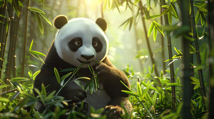 panda sitting peacefully in a lush green bamboo forest,