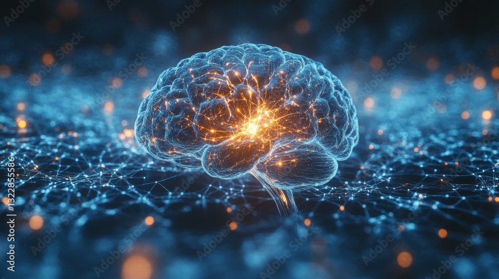 Fototapete A digital image features a glowing brain linked by lines, symbolizing the fusion of quantum computing and neural networks for advanced algorithms and data processing.