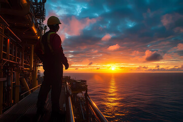 Energy technician viewing the sunrise over the ocean horizon from an offshore platform with serene beauty