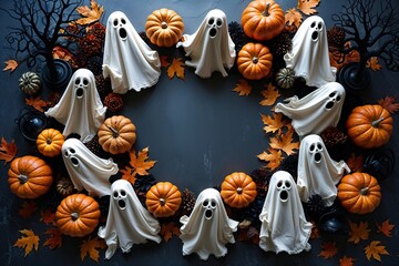 Spooky Autumn Flat Lay Display with Eerie Ghosts and Dark Decor