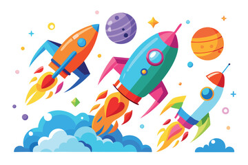 A cartoon drawing of a rocket with the moon and stars on it