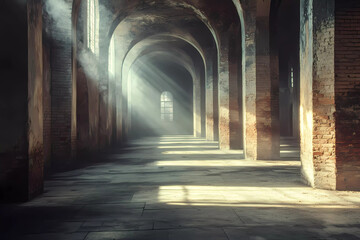 Obraz premium Sunlight filters into a dusty hall, casting long shadows and evoking nostalgic architectural beauty gracefully