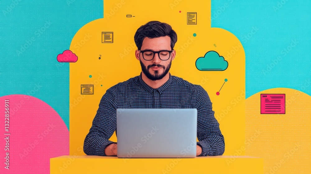 Poster data engineer concept. focused data engineer optimizing digital solutions with laptop in modern work