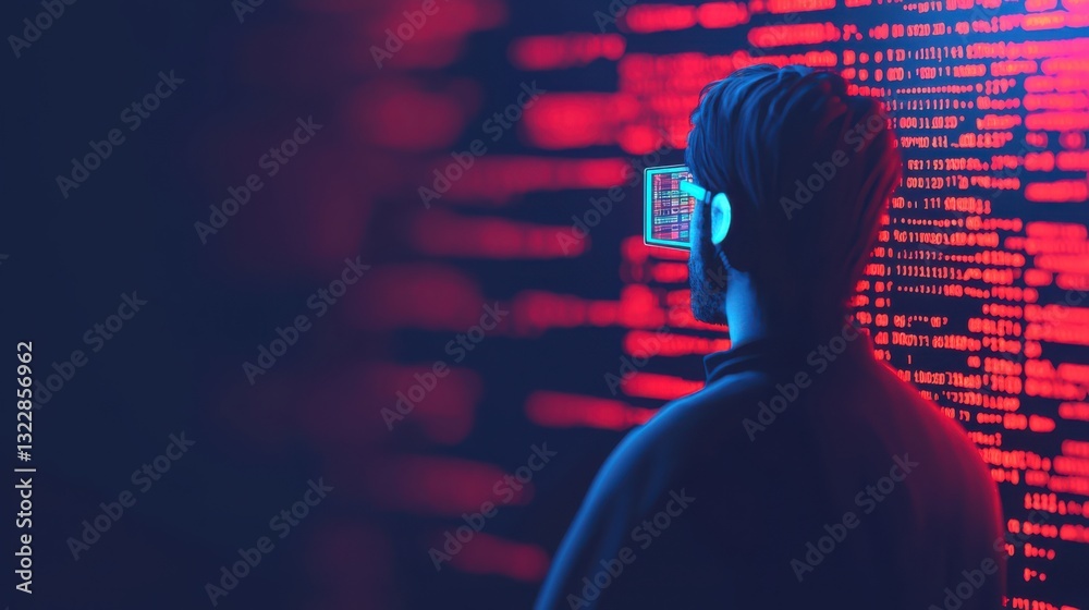 Poster data engineer concept. futuristic data engineer analyzing glowing holographic interfaces