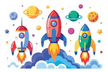 A cartoon rocket ship blasting off into space on a white background