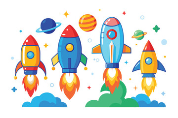 A cartoon rocket ship blasting off into space on a white background