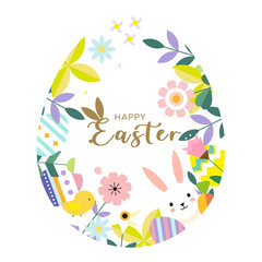 Easter title design with Easter eggs, beautiful flowers and bunny