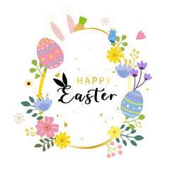 Easter title design with Easter eggs, beautiful flowers and bunny