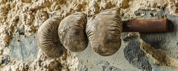 Three old boxing gloves are mounted on a textured wall surface