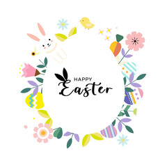 Easter title design with Easter eggs, beautiful flowers and bunny