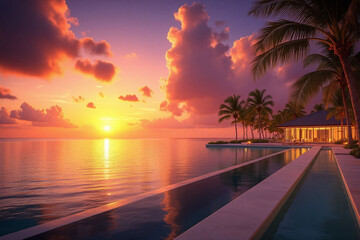 swimming pool with a view of the ocean and palm trees