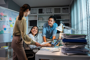 Group of young businessman and woman sit on wheelchair work in office. 