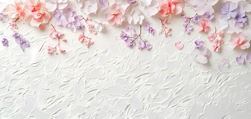Obraz premium A soothing pastel floral wallpaper with soft pink and lilac petals scattered across a textured off-white background.