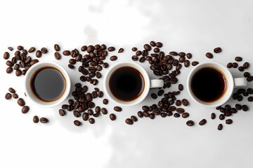 Obraz premium Coffee beans and cups arranged on a clean backdrop form modern flat lay for imagery