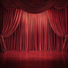 Luxurious heavy theater curtains draped in a grand Broadway setting evoke opulence and dramatic allure