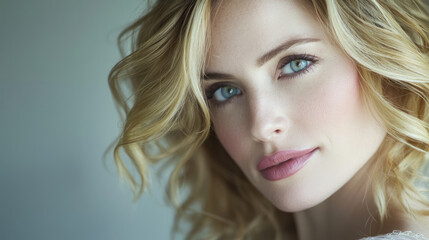 Naklejka premium A portrait of an attractive woman with blonde hair and blue eyes, wearing soft, glamorous makeup, generative AI