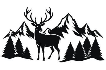 Silhouette mountain deer line art, Black and White Stock Photo, black color silhouette