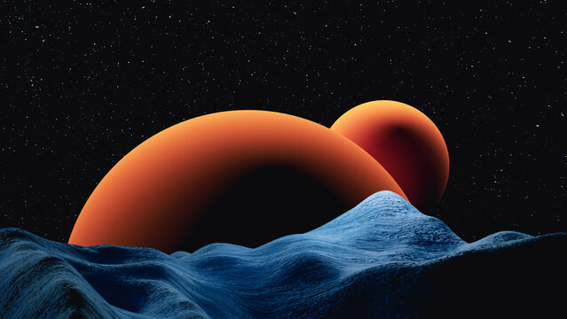 Surreal landscape featuring planets and a moon against a dark cosmos