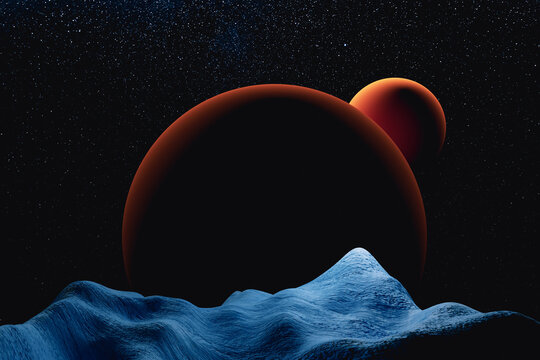 Surreal landscape featuring planets and a moon against a dark cosmos