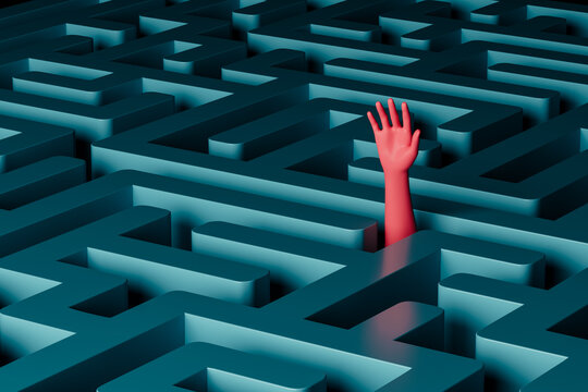 Hand reaching out for help in a complex maze structure