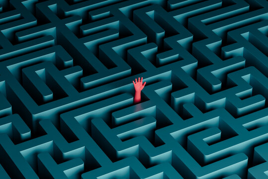 Hand reaching out for help in a complex maze structure