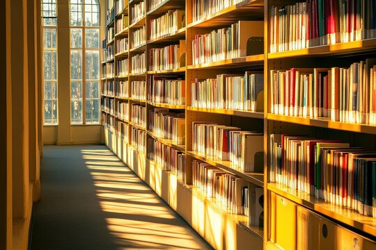 Sunlight Illuminates Shelving Filled With Books and Documents in a Quiet Library Aisle During the Afternoon