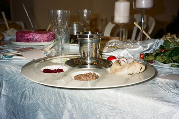 Traditional Passover Seder Plate With Ritual Foods. Analog Film Photo
