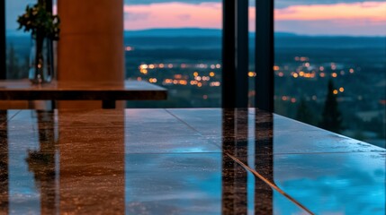 Obraz premium Sleek Conference Table Cityscape Sunset Reflection