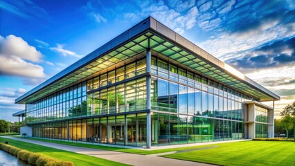 Obraz premium Modern glass and steel university library with large windows and a green roof, modern architecture, green roof