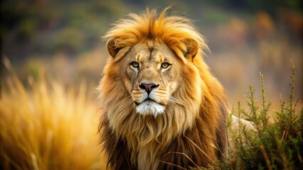 Fototapeta premium Fierce savannah lion with thick golden coat and powerful build, wild world, angry lion