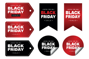 Black Friday sale. Vector Tag and label for Exclusive Deals in black, white, and red with different combinations