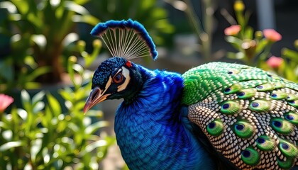Obraz premium Vibrant Blue Peacock with Colorful Plumage in Nature