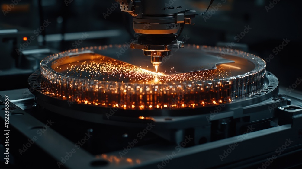 Poster advanced laser cutting technology in action over circular material with sparkles in dark environment