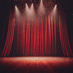 Dramatic red velvet curtain opening to reveal opulent stage design and captivating theatrical ambiance today