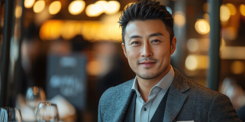 Business meeting with a confident male professional in a modern restaurant setting close-up lifestyle concept