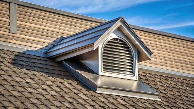 A static roof vent on a gable-style shingle roof with an exposed metal grille and a sleek, modern design , modern architecture, gable roof