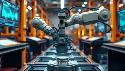 Fototapeta premium Industrial Robotic Arm in Factory with Computer Monitor Control and Automation
