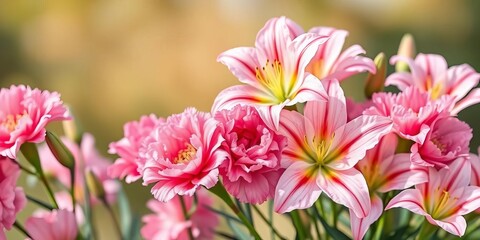 Fototapeta premium Horizontal watercolor border of carnation lilies in full spring bloom, panoramic view, gentle & realistic, blossom, spring flowers