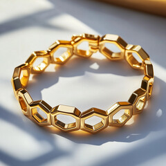 Geometric gold bracelet with interlocking design elements creating dynamic visual interest and modern sophistication statement